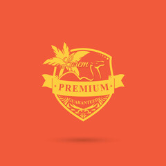 Camel logo and sign vector, Brand logo in the shape of a camel and coconut tree, PREMIUM QUALITY GUARANTEED Badge Vector,  High Quality Vintage Badges, Premium Quality Badge logo design element