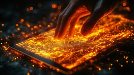 Conceptual digital art showing biometric scanning on a glowing tablet screen