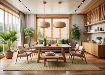 Minimalist Japandi Dining Room: Modern Living Space with Empty Copy Space