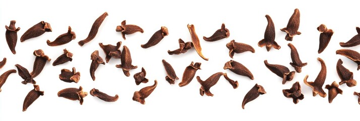 Obraz premium Falling Dried Cloves on a White Backdrop - Aromatic Brown Spices Collection in Close-Up