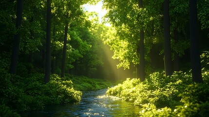 Fototapeta premium Tranquil Forest Scene with Stream and Sunlight Filtering Through Trees