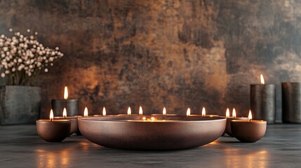 A flat lay image featuring a circular arrangement of small, lit oil lamps on a dark, textured surface.