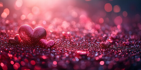 Three Glittering Red Hearts on Sparkling Festive Background