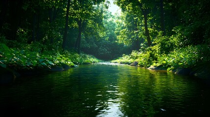 Serene Forest River Surrounded by Lush Green Foliage and Trees