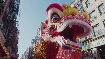 Fototapeta premium Vibrant Red Chinese Lion Dance Costume Parade Festive New Year Celebration Street City Urban Background Traditional Asian Culture Happy Holiday Spirit