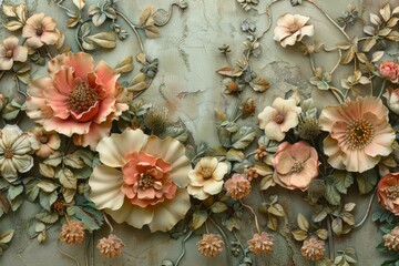 Intricate handmade flowers adorn a textured wall, creating a captivating display of floral artistry
