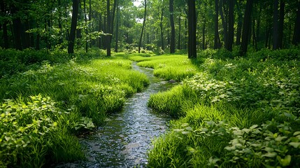Obraz premium Lush Green Forest with Stream Flowing Through Vibrant Vegetation