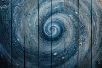 A mesmerizing swirl pattern on dark blue wood planks, creating a cosmic, vortex-like effect.