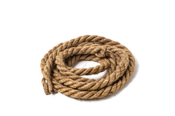 Roll of twisted rope on white background.