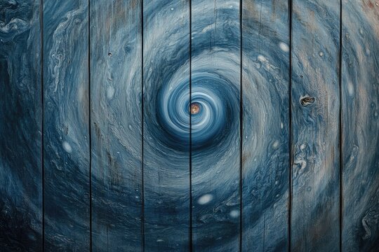 A mesmerizing swirl pattern on dark blue wood planks, creating a cosmic, vortex-like effect. - Powered by Adobe