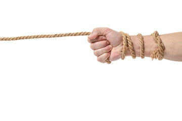 Man hand grabs rope and pulls it. On white background.
