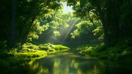 Fototapeta premium Sunlight Filters Through Lush Green Canopy Over Tranquil Stream