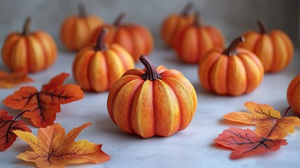 A flat lay of vibrant orange pumpkins,