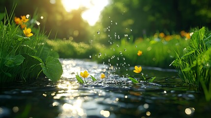 Fototapeta premium Beautiful Stream with Flowers and Sunlight Illumination in Nature