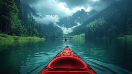 Kayaking scenic mountain lake, misty backdrop