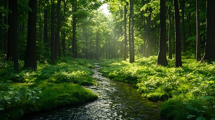 Obraz premium Lush Green Forest with Stream and Sunlight Filtering Through Trees