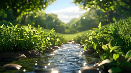 Fototapeta premium Serene River Flowing Through Lush Green Landscape Under Bright Sky