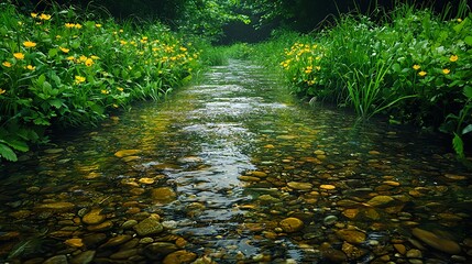 Tranquil Stream Surrounded by Lush Greenery and Yellow Flowers
