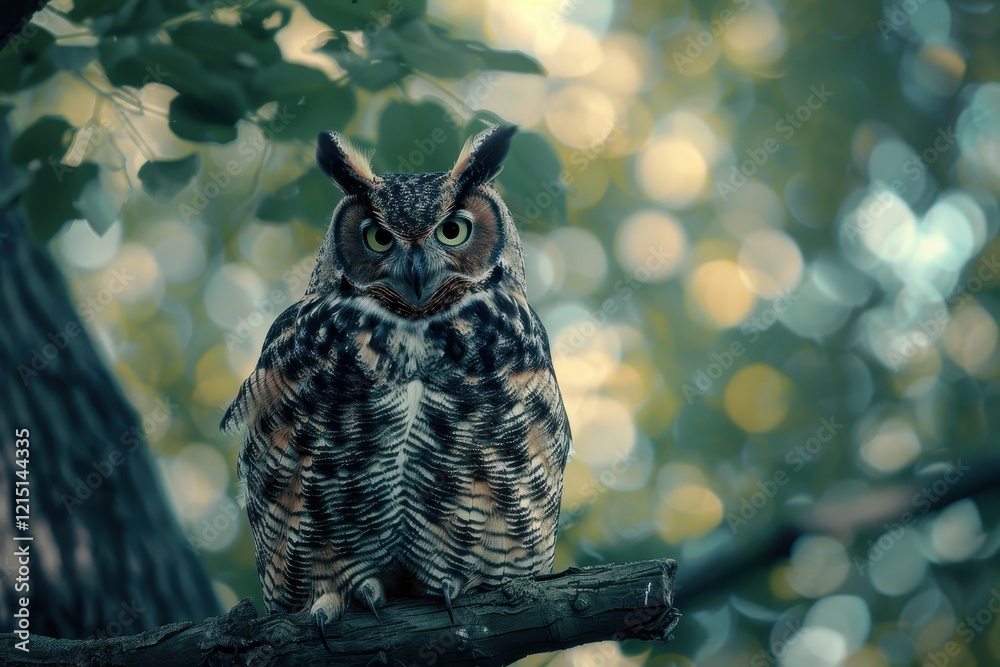 Aufkleber wise owl perched on a branch in a misty forest during twilight, surrounded by fading autumn leaves a