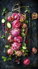 Artistic Arrangement Of Red Onions Radishes And Cucumbers