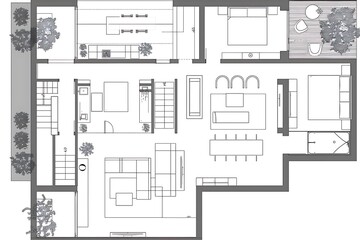 floor map of a home with interior and architecture of bedrooms, living rooms and bathrooms with entrance and other home areas