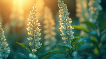 Golden sunlight filtering through green plants in a tranquil garden setting, capturing the essence of nature's beauty and serenity.