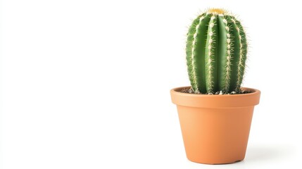 Vibrant Green Cactus In Terracotta Pot Against White Background