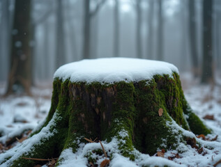 Moss-covered tree stump dusted with snow in a winter forest