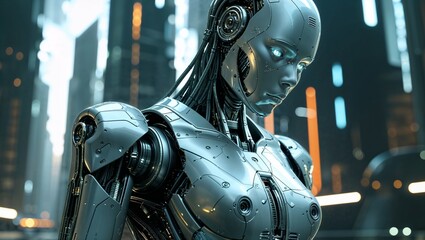 Fototapeta premium In a world of gleaming metal and glowing circuits, a nebulous robot uprising takes center stage in this stunning macro low key photograph. The main subject is a towering, sleek android with intricate 