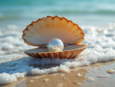 Pearl inside an open clam shell on a beach