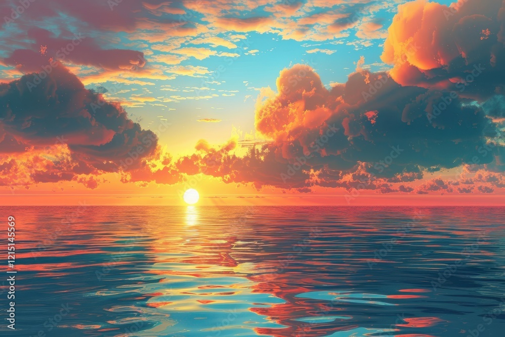 Poster vibrant sunset over calm ocean waters with colorful clouds reflecting on the surface in a peaceful e