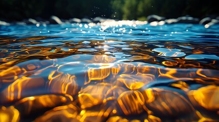 Obraz premium Glimmering Water Surface with Sunlight Reflections in Nature