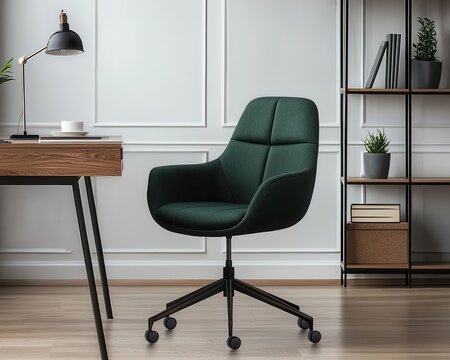 Ergonomic green chair at a wooden desk, modern home office design