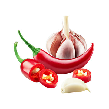 Red chili with garlic on transparent background