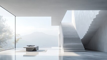 Modern interior space featuring large glass windows that provide natural light and a view of green landscaping.