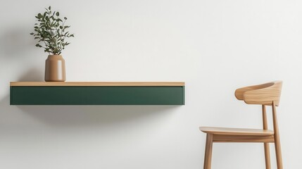 Floating desk setup with green shelving and a sleek wooden chair, modern home office