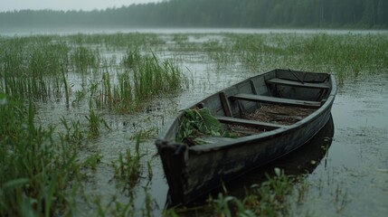 Obraz premium A weathered rowboat rests among reeds in a mist-covered marsh, evoking a mood of solitude and quiet reflection amidst lush greenery.
