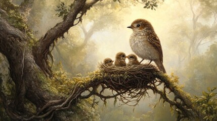 Mother bird tending chicks in misty forest nest