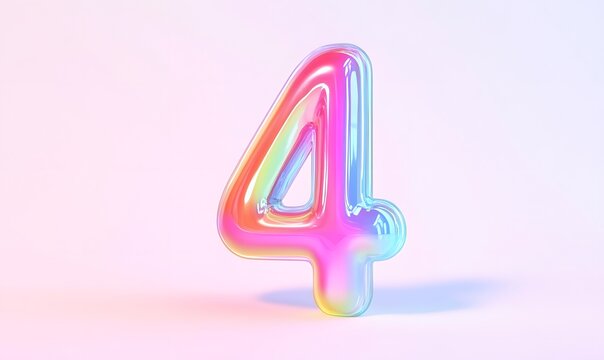 Iridescent Number Four, Pastel Background, 3D Render, Design Element