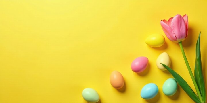 Pastel Easter eggs and a vibrant pink tulip blossom on a sunny yellow background, a cheerful springtime scene perfect for festive greetings