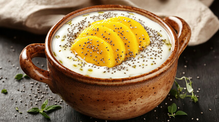 Creamy yogurt parfait with sliced peaches and chia seeds in rustic bowl