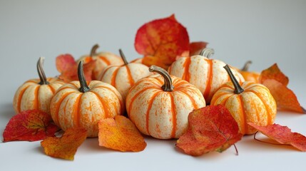 A flat lay of vibrant orange pumpkins,