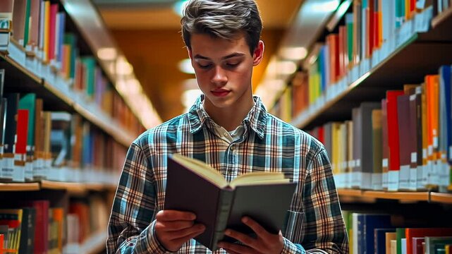 Young male reading book library aisle,evening ambiance.Teenager engrossed literature shelves.Adolescent studies quiet setting.Student immerses session.Peaceful study environment.