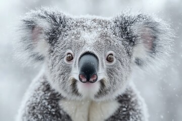 Naklejka premium Snowy Koala Close-Up A Winter Wonderland Portrait