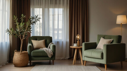 Fototapeta premium Comfortable armchair with cushions lamp, decorative olive tree and coffee table near light curtain in living room