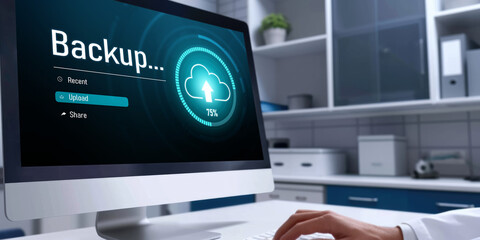 Backup Storage Data Internet Technology Business concept. Database storage cloud technology file data transfer sharing, cyber, big data information, internet banking application download upload brisk