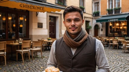 Waiter with short dark hair serves delicious pastries in a charming courtyard cafe during a lively afternoon