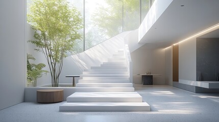 Modern interior space featuring large glass windows that provide natural light and a view of green landscaping.