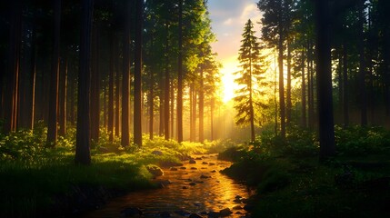 Obraz premium Serene Forest Landscape at Sunrise with Stream and Sunlight Rays