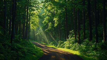 Obraz premium Sunlight Streaming Through Lush Green Trees in a Serene Forest Path